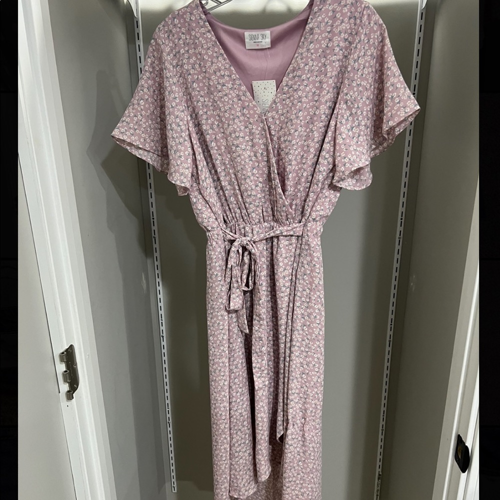Purple high low dress with small flowers